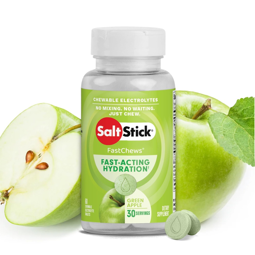 SaltStick Electrolyte FastChews - 60 Green Apple Chewable Electrolytes - 달리기와 Hydration, Electrolyte Chews를위한 소금 정제 - 60 개