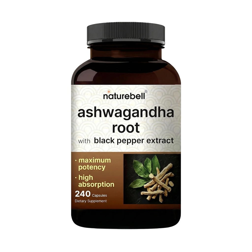 NatureBell Ashwagandha with Black Pepper, 240 캡슐 | 고 흡수 복합 단지 – 추가 강도 루트 추출 – Adaptogens Relaxation에 대 한 보충 – Non-GMO