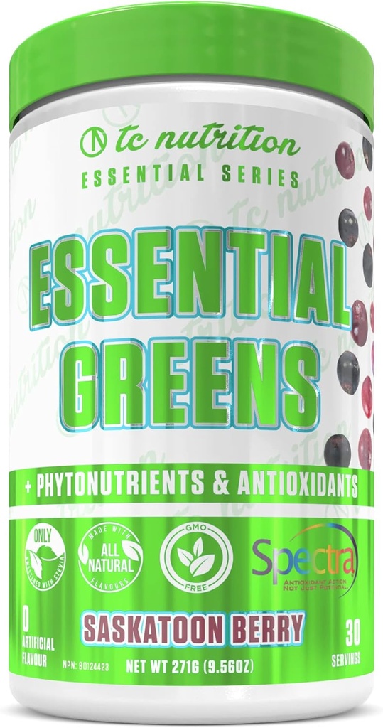 에센셜 그린 파우더 | Optimize Health + Energy | Spectra, Organic Matcha, Spirulina, More | Probiotics & Digestion Support, Antioxidants | Stevia Sweetened, Saskatoon Berry,30 Serv, Non-GMO, Vegan
