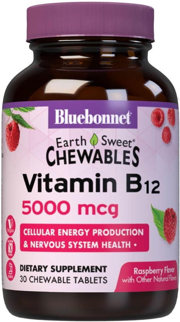 Bluebonnet Nutrition Earth Sweet Vitamin B12 5000 mcg Chewable Tablets, Soy-Free, Gluten-Free, Kosher Certified, Dairy-Free, Vegan, Raspberry flavored, 30 Chewable Tablets, 30 서빙