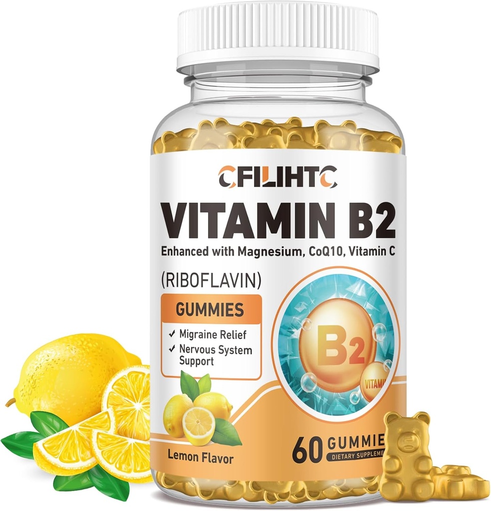 비타민 B2 Gummies Riboflavin 400mg 보충 아이 & 성인 - 마그네슘 글리세린, 아연, CoQ10, 비타민 B12 - 편두통 기복 & 에너지, 신경 체계 지원, 설탕 자유로운 레몬 풍미, 60ct