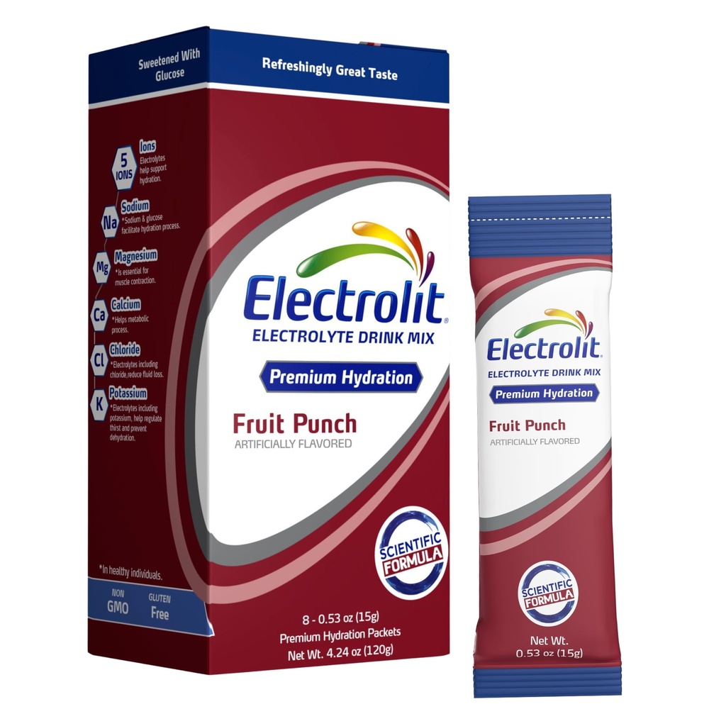 Electrolit Electrolytes Powder Packets, 과일 펀치 8 팩, 탈수 및 탈수, 포스트 운동 맛 수화 음료 혼합, 글루텐 무료 매일 물 강화 스틱에 대 한 분말된 Hydration Packets