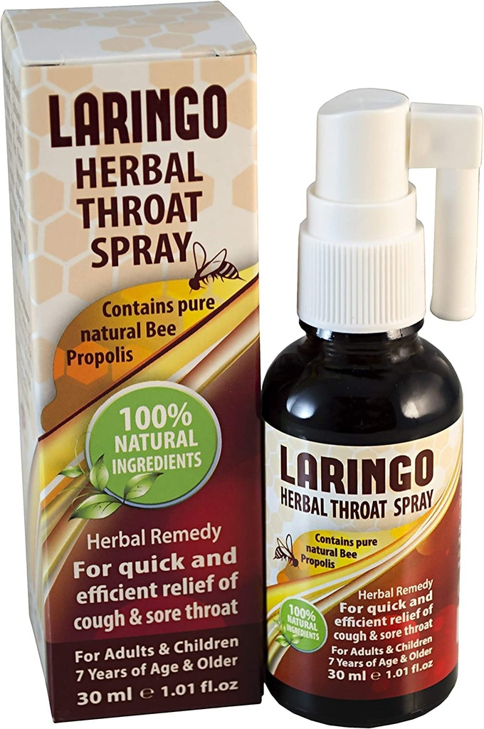 Laringo Throat Spray - 순수 99 % Raw Bee Propolis 추출물 - 성인과 어린이 100 % 천연 Throat Remedy - 글루텐 무료, 빠른 구호. 코셔 - 1 FL Oz