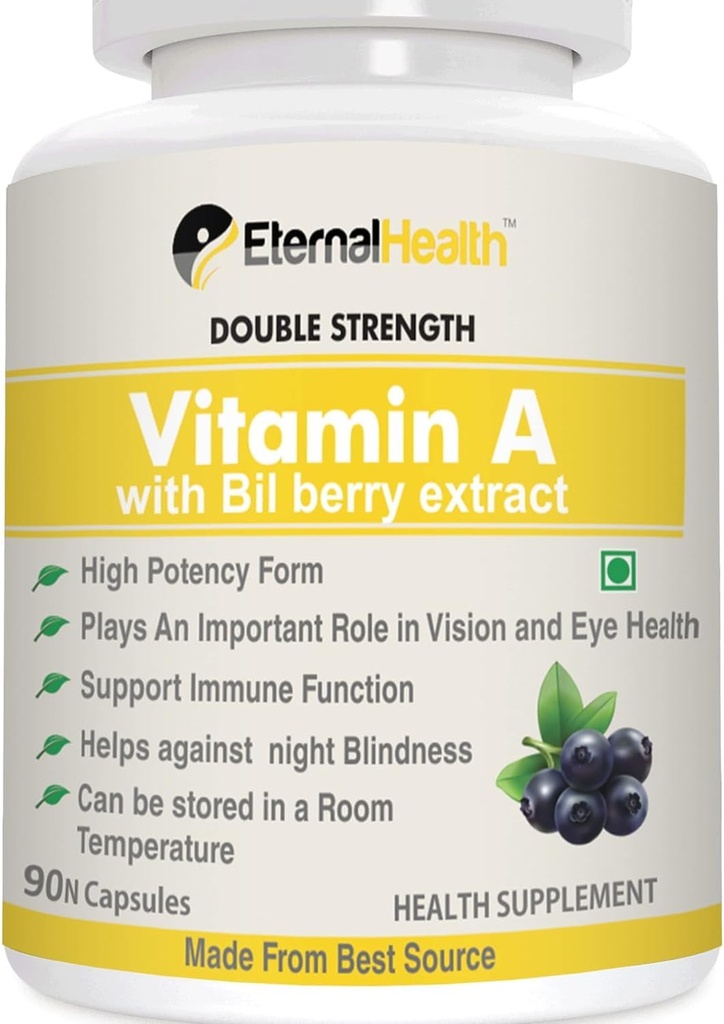 Eterna.l-Health Vitamin A (Double Strength) with Bilberry Extracts and Retinyl Palmitate Extracts- High Potency Form - 건강한 비전 및 면역 체계 및 건강한 성장 지원 - 90 Veg Capsules