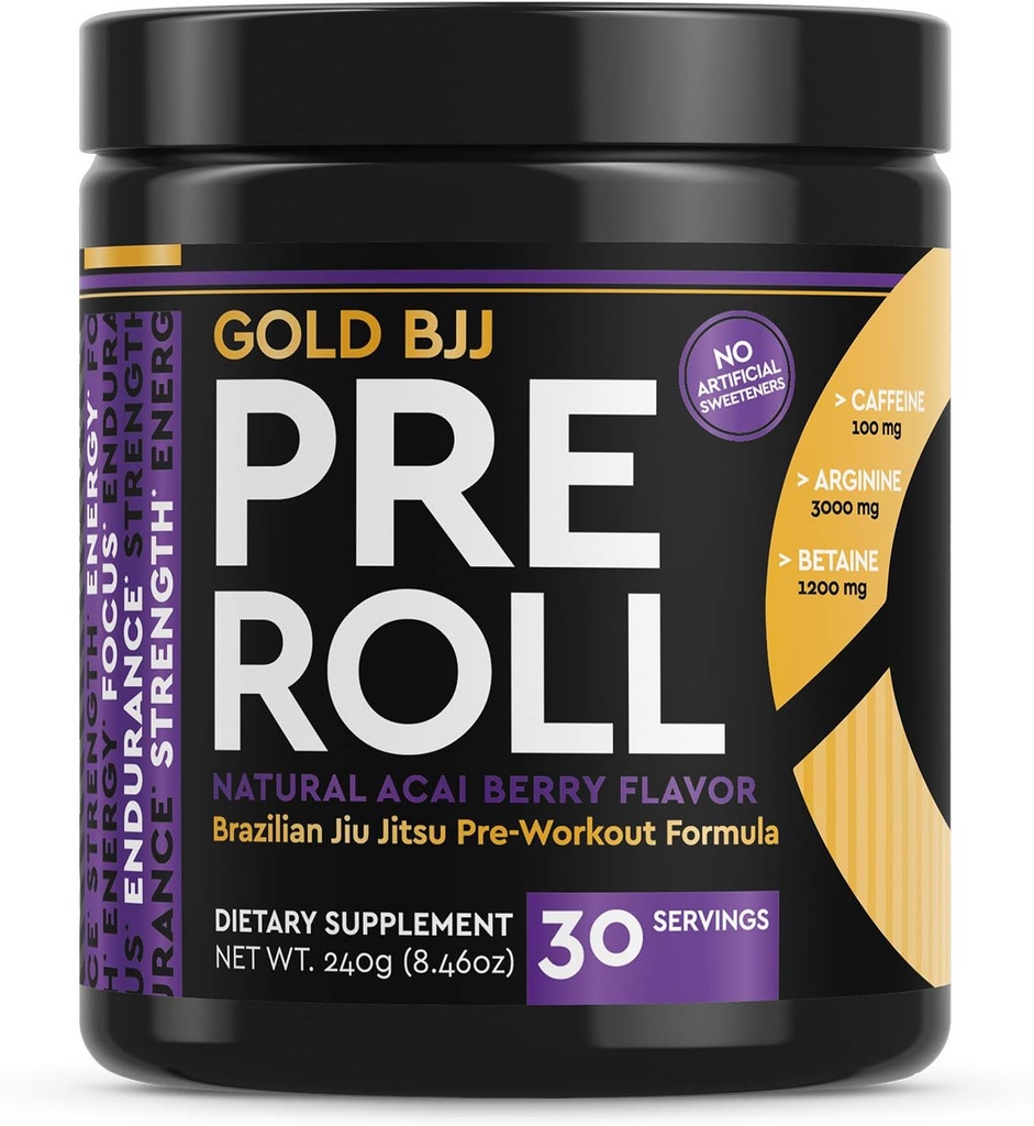 금 BJJ PreRoll - Jiu Jitsu Pre Workout은 에너지, 초점 및 지구력에 대한 보충 - 자연 풍미 (아카이 베리, 30 서빙)와 무술 특정 사전 운동 분말 공식