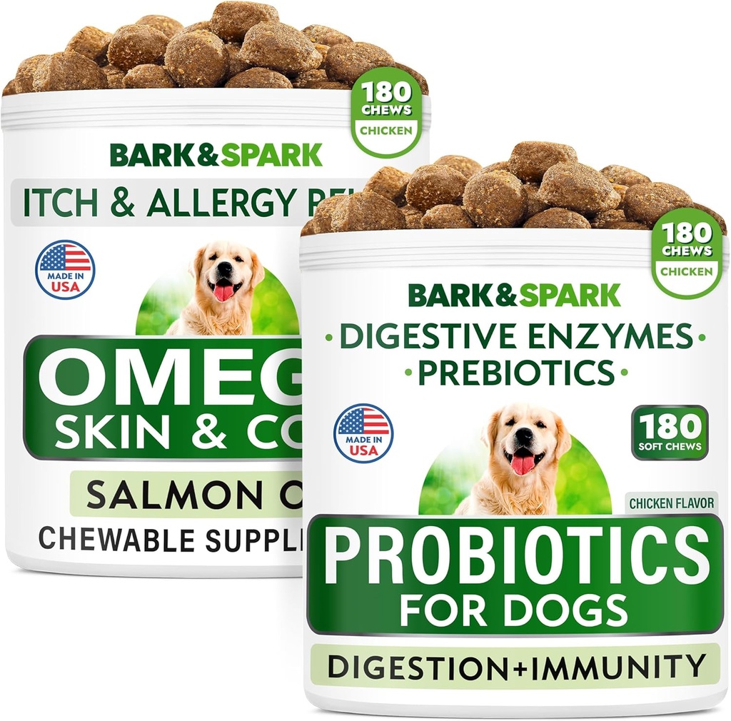 Dog Probiotics Chews + Omega 3 for Dogs Bundle - 가스, 설사, 변비, 위장 구호 + 알레르기 및 이치 구호 - 소화 효소 + Prebiotics + Omega 3 - 피부 및 외투 지원