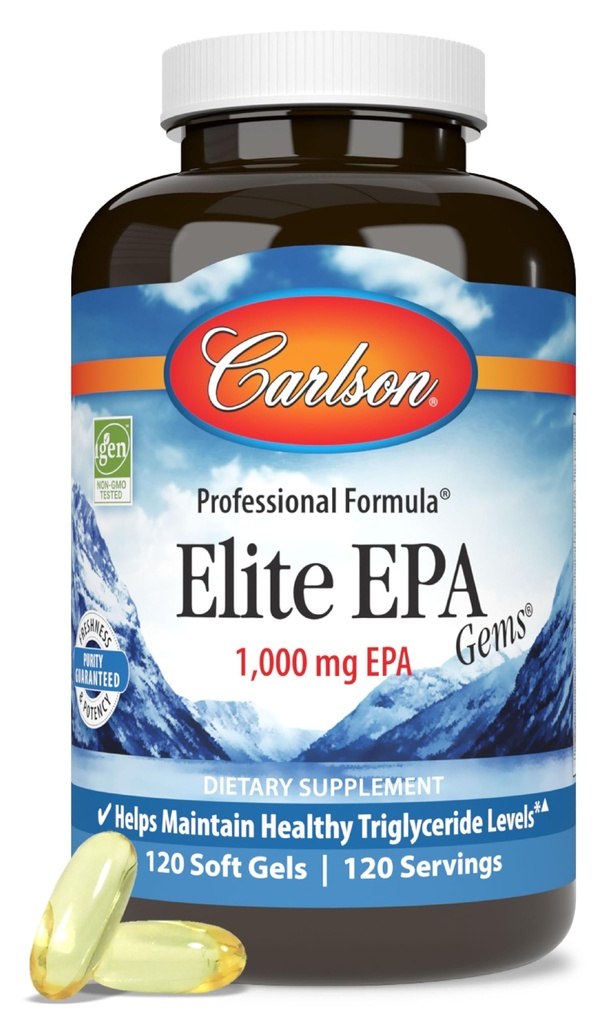 Carlson - Elite EPA Gems, 1000 mg EPA Fish Oil, Wild-Caught, Norwegian Fish Oil, Sustainably Sourced, 건강한 Triglyceride 수준을 유지, 120 Softgels