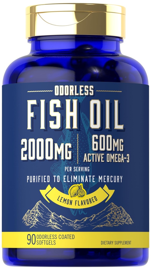 Carlyle Fish Oil 2000mg | 600mg 오메가 3 여성용 보충 | 90 Odorless Softgel | 레몬 맛 | 비 GMO 및 글루텐 무료