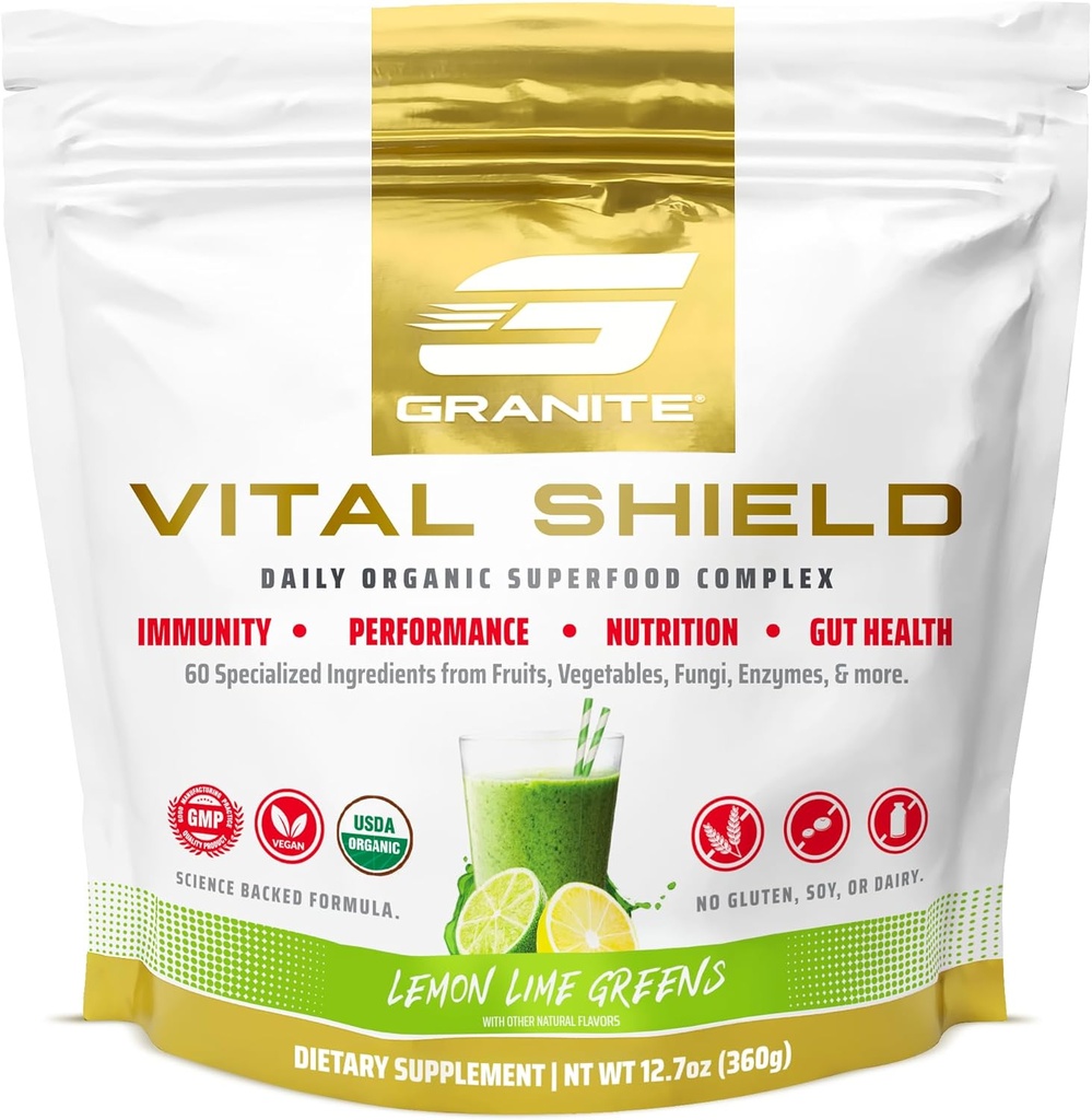 화강암 영양 Vital 방패 - 버섯 & 타트 체리를 가진 USDA 유기 Superfood 녹색 – 지원 에너지, 면역 기능 & 소화 건강 – 레몬 Lime 풍미 (30 서빙)