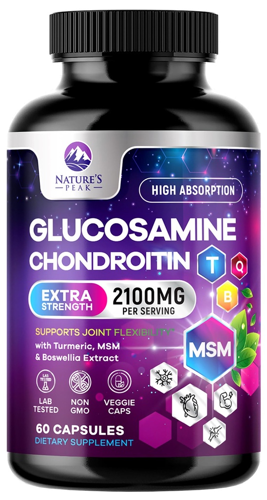 글루코사민 Chondroitin MSM 합동 보충교재 2100mg - 글루코사민 황산염과 더불어, 심황, Boswellia, Quercetin & Bromelain – 성격의 여분 힘 융통성, 기동성 & 합동 지원, 60의 캡슐