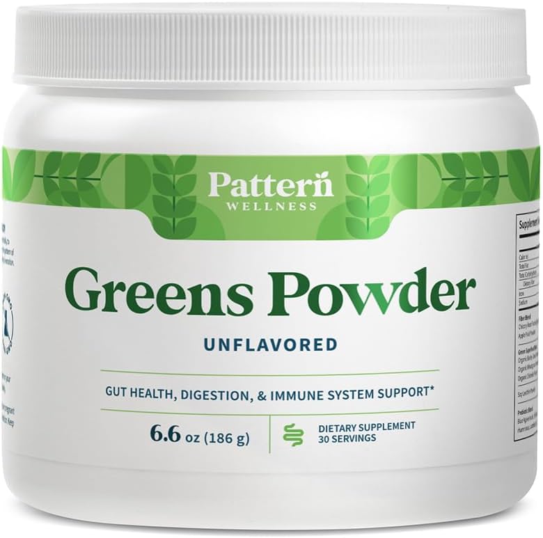 패턴 웰니스 그린 파우더 슈퍼 푸드 – 산화제, 소화 효소, 섬유, 프로 바이오 틱 & Adaptogen 혼합 – Gut, Digestive & 면역 건강 지원 – 30 서빙 - 6.6 온스 (Unflavored)