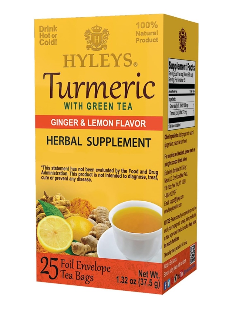 Hyleys Ginger Turmeric Tea Lemon 맛 - 25 티백 (12 팩 - 300 티백 총) - 웰빙 초본 보충 녹차