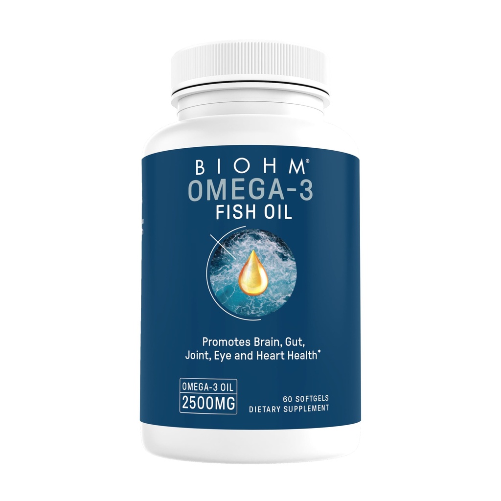 BIOHM Omega-3 물고기 기름 (2500mg, 60 Softgels) 높은 Potency 860mg EPA & 630mg DHA, 오메가 3 지방산은 뇌, 합동, 눈, Liver & Gut 건강, 지속가능한 근원을 지원하기 위하여 보충합니다