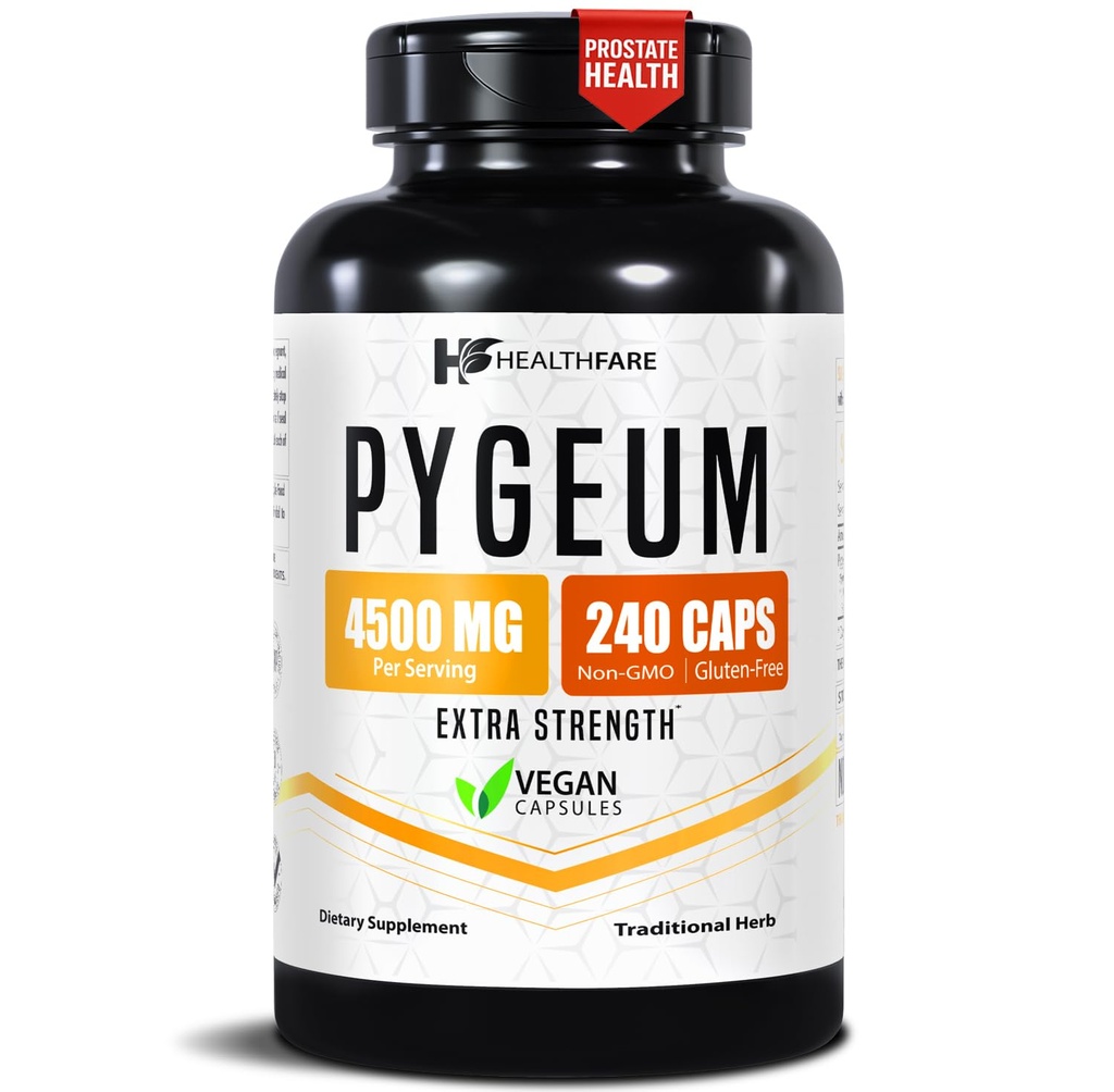Healthfare Pygeum 보충교재, 4500mg | 240 Vegan 캡슐 | Ultra Standardized Bark Extract | 초본 보충 | Non-GMO & 글루텐 프리 | 미국제