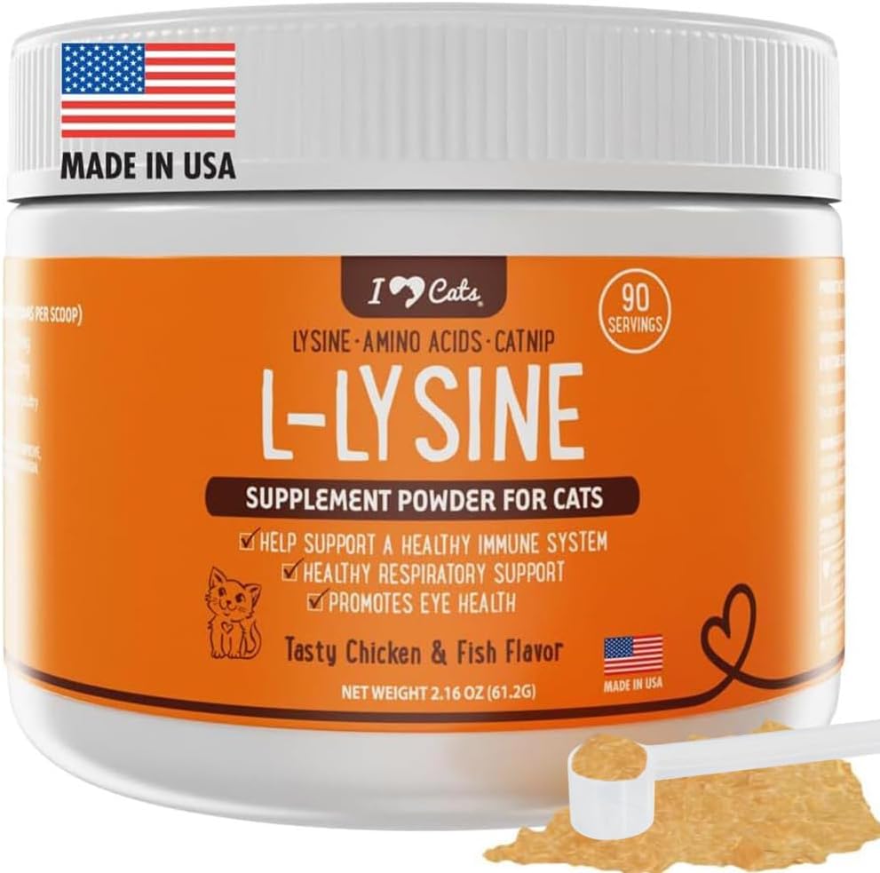 고양이를위한 iHeartCats L-Lysine - 고양이를위한 Immune & Respiratory 보충교재 - 고양이 Sneezing & Runny Nose Relief - 고양이 Nip와 L-Lysine 분말 - 치킨 & 살몬 풍미
