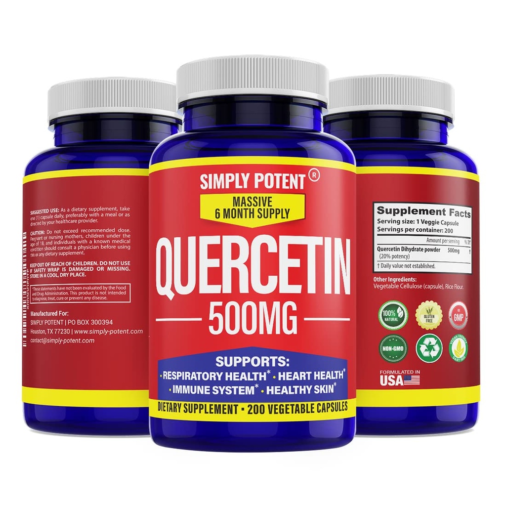 단순히 유력한 Quercetin 보충교재, Quercetin 500mg 200의 캡슐, 2개의 x Quercetin 250mg Phytosome Bioflavonoid 산화를 억제하는 Vegan 글루텐 자유로운 알약 건강한 세포 심장 & 면역성이 있는 기능을 지원하기 위하여