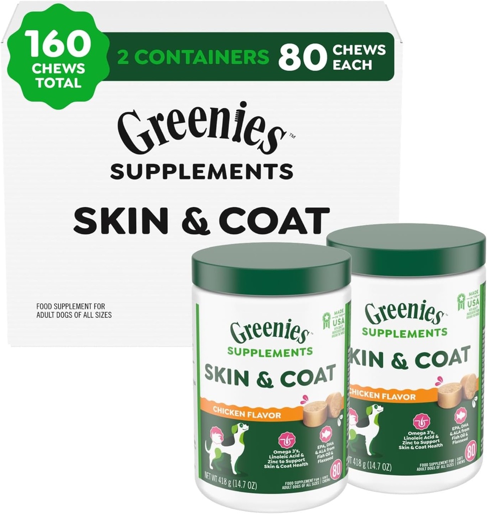 Greenies는 물고기 기름 & 오메가 3 지방산, 닭 맛, 80-Count Tub, 2의 팩을 가진 개 피부와 외투 보충교재를 보충합니다
