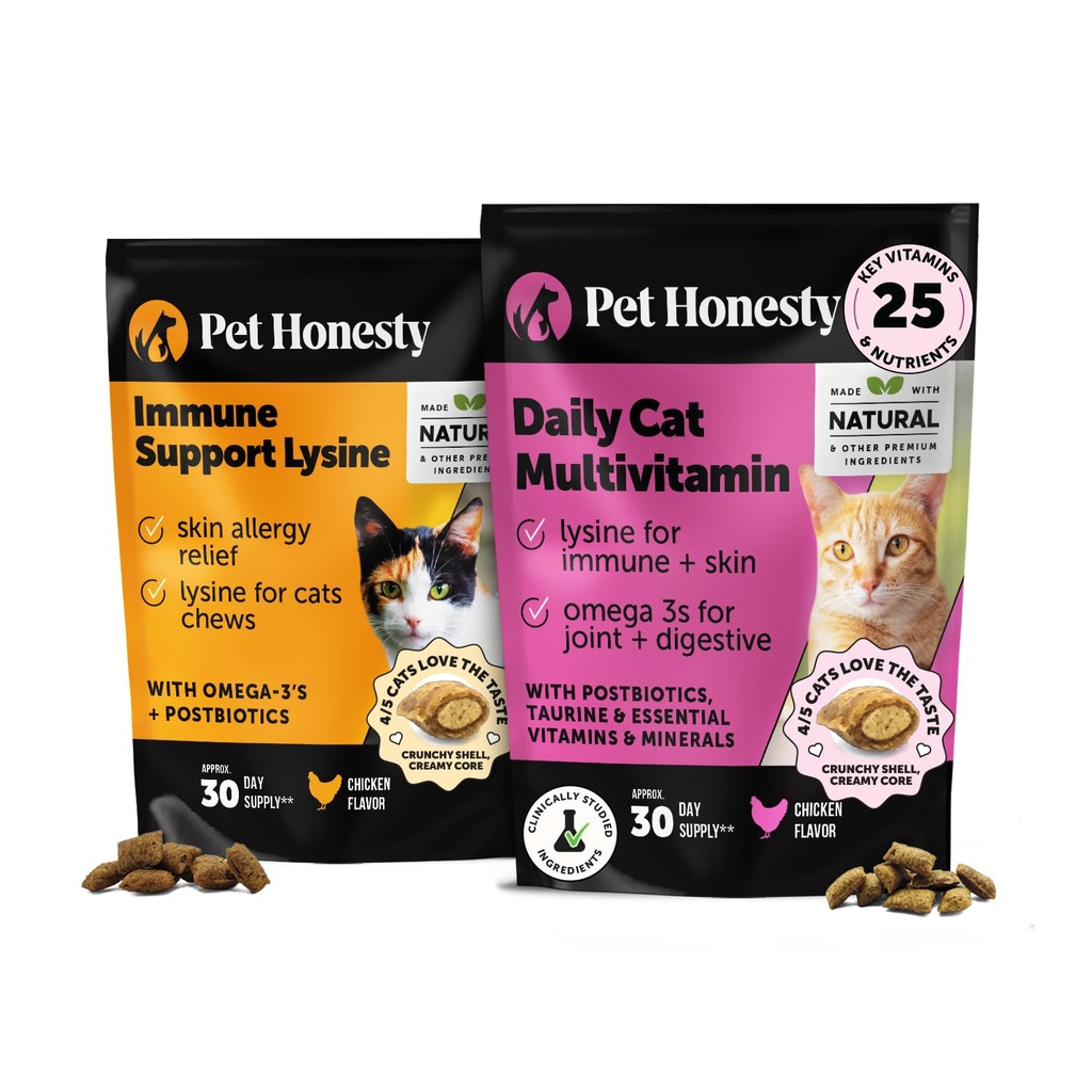 Cat Multivitamins + Immune 지원 Lysine 이중 짜임새 Chew 보충교재 뭉치 - 전반적인 면역력, 합동, 피부 & 외투 및 고양이 알레르기 완화 지원 - Sneezing, Runny Nose
