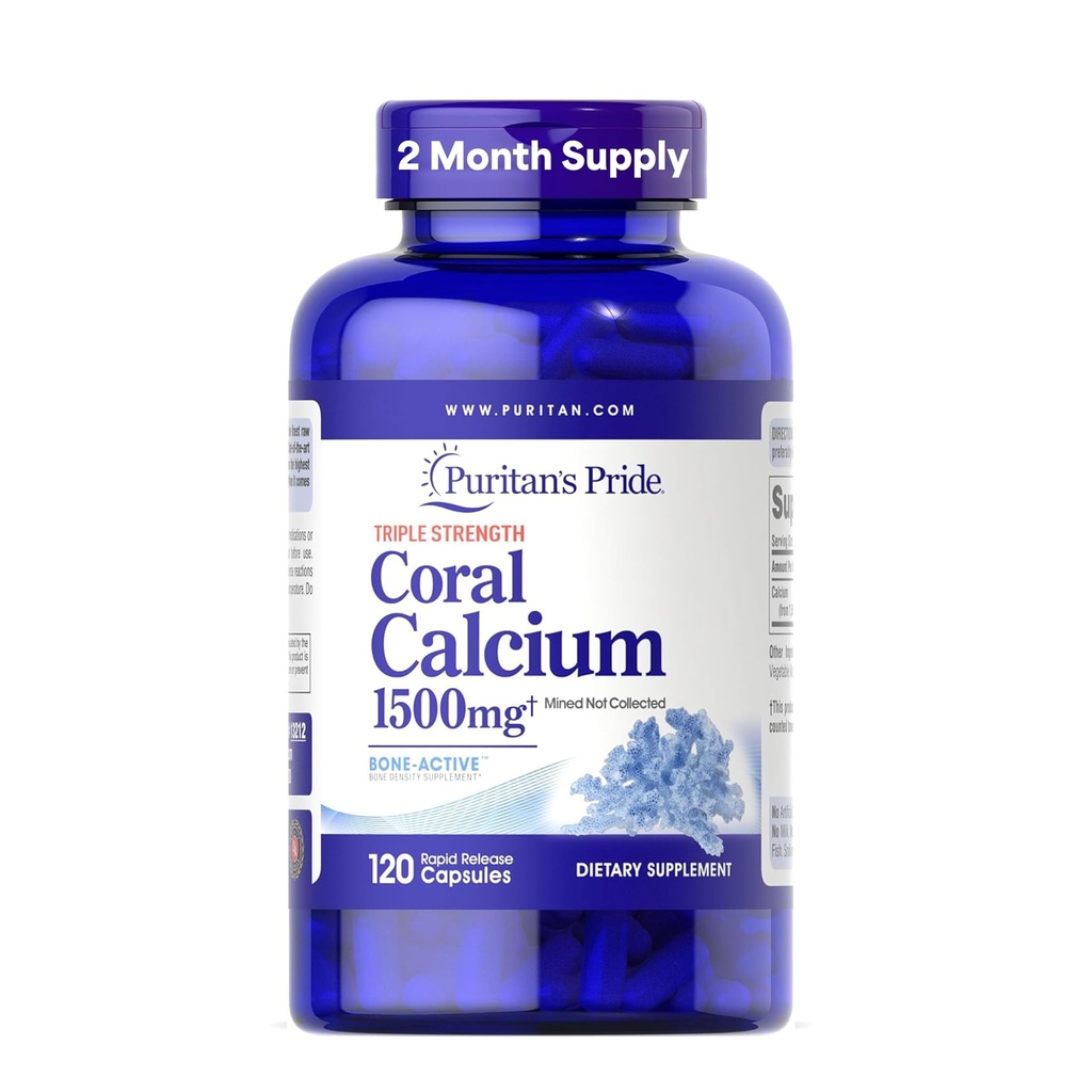 Puritan의 Pride Triple Strength Coral 칼슘 1500mg Bone-ActiveTM, Heart, Nerve 및 Muscle Support, 2 개월 공급, 120 Rapid Release Capsules에 대한 규정식 보충