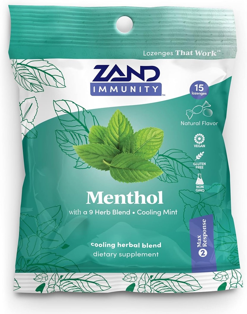 ZAND Immunity Menthol HerbaLozenge Cough Drop | Peppermint, Eucalyptus, 허브 블렌드 | 옥수수 시럽 (15 Lozenges)