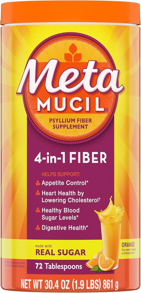 Metamucil 4-in-1 Psyllium Husk 섬유 보충교재, 진짜 설탕, 72의 큰술, 식물 기초를 두어 Psyllium Husk 섬유로 한 소화 건강을 위한 주황색 맛있은, 매일 섬유 분말