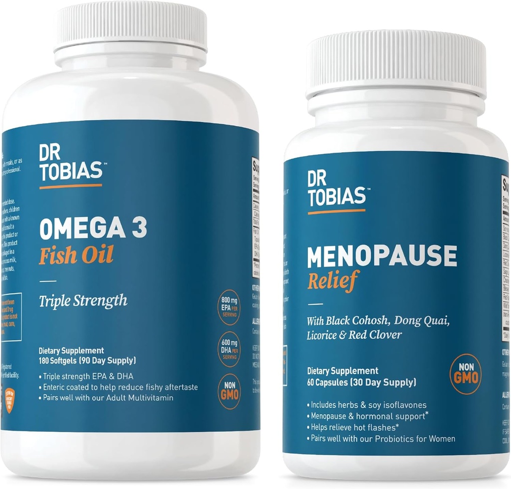 Tobias Omega 3 Fish Oil and Menopause Relief for Women, Endocrine Support with Essential Omega 3s, Hot Flashes 및 Night 스웨터 보충제, 비 GMO