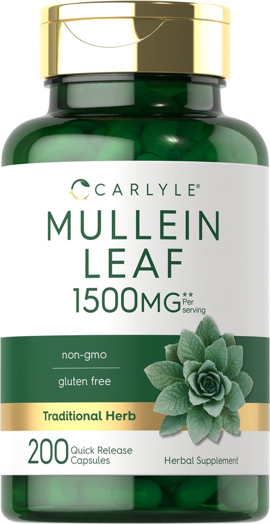 Carlyle Mullein 잎 추출물 1500mg | 200 캡슐 | Verbascum Thapsus | Non-GMO, 글루텐 무료 보충