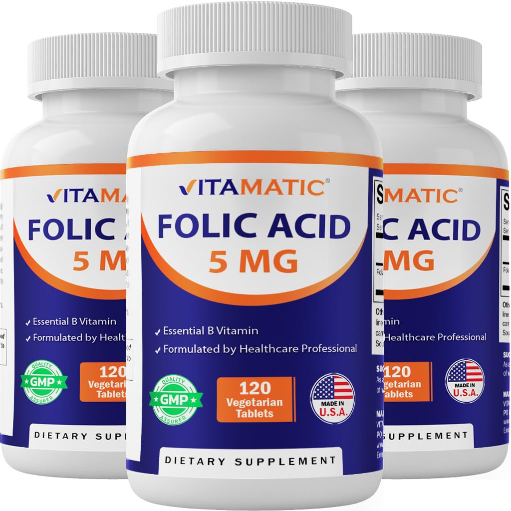 Vitamatic Folic Acid 5mg (5000 mcg) - 병 당 120 채식 정제 - 비타민 B9 (Folate) - 3-Pack | 총 360 정제