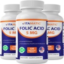 Vitamatic Folic Acid 5mg (5000 mcg) - 병 당 120 채식 정제 - 비타민 B9 (Folate) - 3-Pack | 총 360 정제