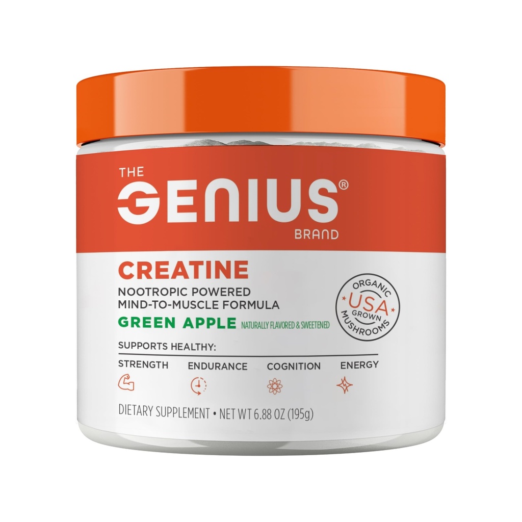 Genius Micronized Creatine Monohydrate Powder, Post Workout Supplement, Green Apple - 자연적으로 맛있고 단화 된 100 % - 근육 건물, 세포 에너지 및인지 기능 지원 - 195g