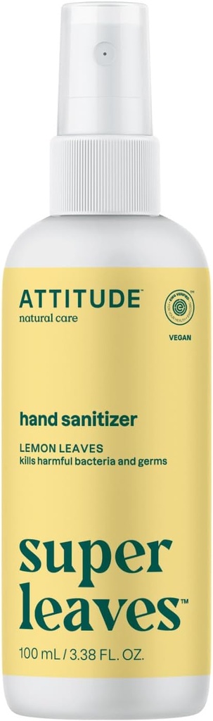 ATTITUDE 손 소독제 살포, EWG Verified, Kills Germs & Bacteria, Vegan & Plant-Based, 성인 & 아이를 위한 안전, 레몬 잎 냄새, 3.38 Fl Oz (스프레이 병)