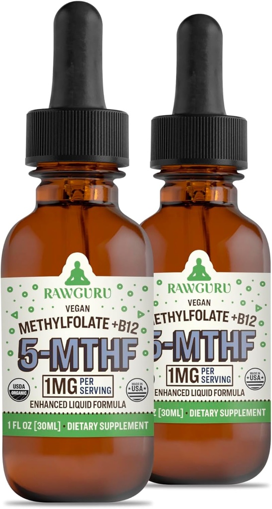 RawGuru Methylfolate 1mg+ Vitamin B12 - Trace Minerals - 나노 가공 및 향상된 액체 포뮬러 - 30 ml 당 Vegan Drops의 300 서빙, 2 팩