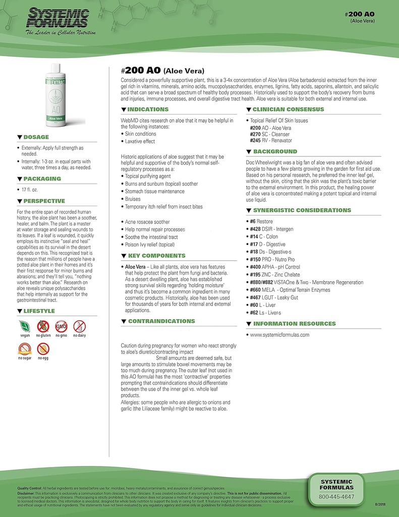체계적인 공식 AO – 알로에 Vera 16 Fl Oz BioExtract #200. 안 젤 리치에서 알로에 Vera 추출물의 3-4x 농도. 내부 및 외부 사용을 위해.