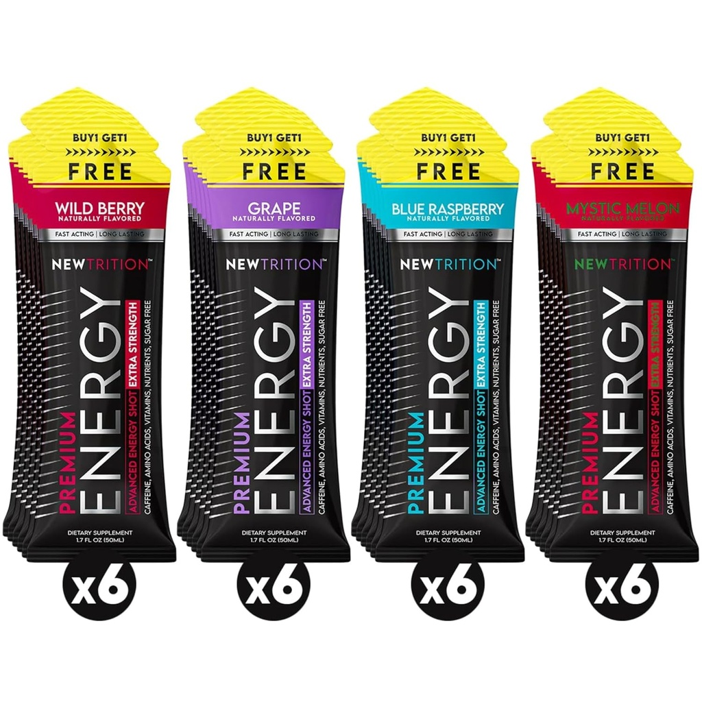 NewTrition® Extra Strength Energy Shot 1.7 fl oz (24, 4 맛 포장) - 250mg Caffeine with B Vitamin & Amino Acid, Sugar-Free Zero Calorie Vitamin Energy Drink for Focus & Endurance (Mixed-1)