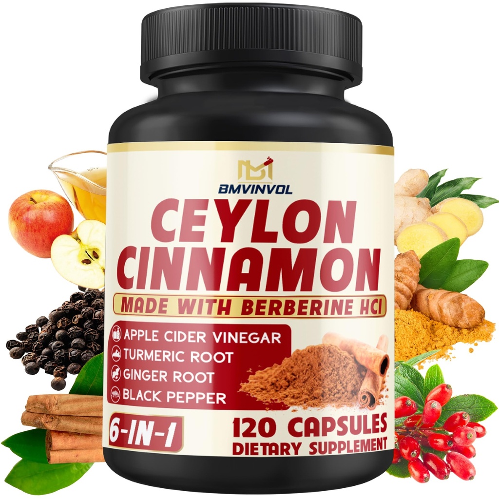 Berberine HCl, Apple Cider Vinegar, Turmeric, Ginseng, Black Pepper와 Ceylon Cinnamon 캡슐 - 지원 면역 기능을위한 6in1 - 120 카운트