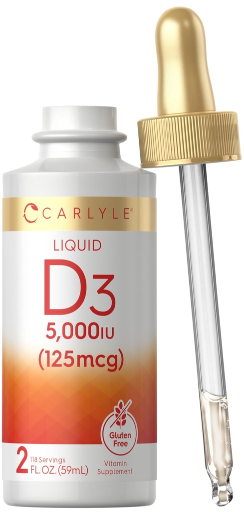 Carlyle Liquid Vitamin D3 | 5000 IU (125 mcg) | 2 oz | 채식주의, 비 GMO 및 글루텐 무료 보충 | 성인용 비타민 D 액체 드롭
