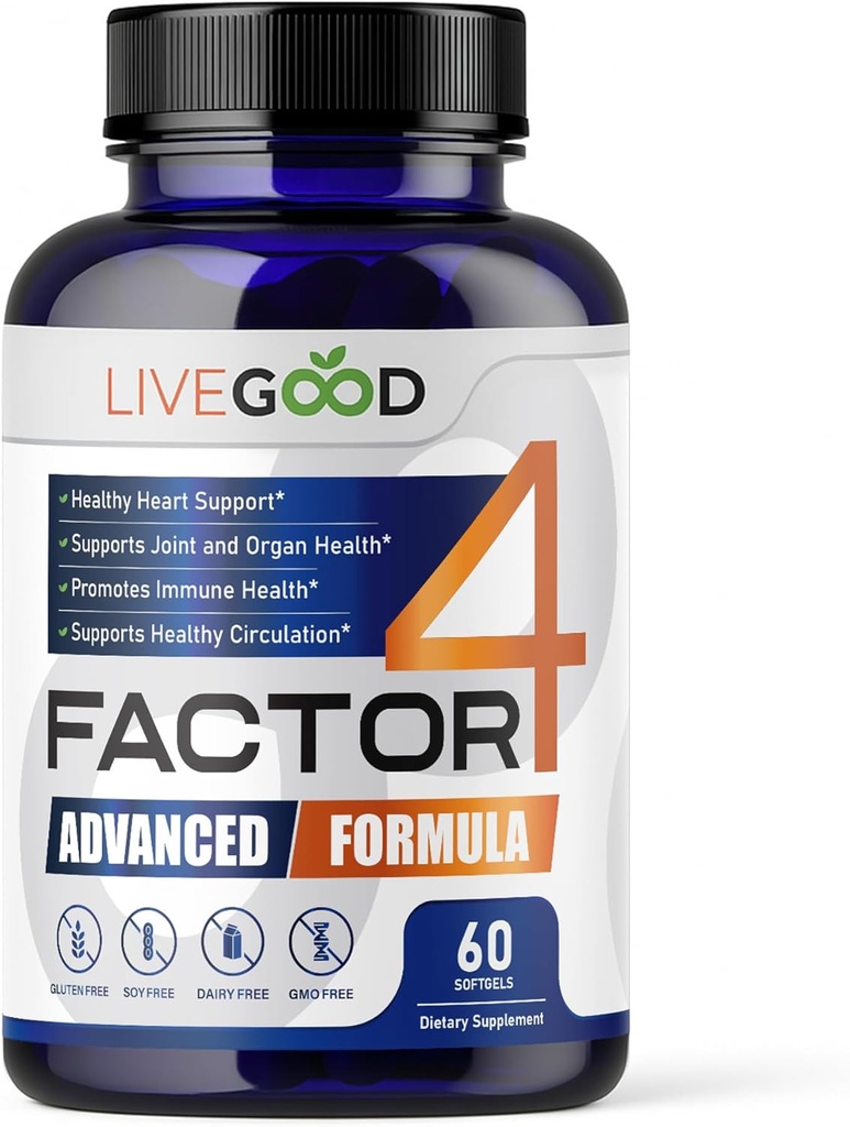 LIVEGOODTM Factor 4, Omega 3 Fish Oil with EPA & DHA, CoQ10 및 Turmeric, Advanced Q10 Coenzyme & CoQ10 보충제, DHA는 심장, 관절 및 면역 지원, 미국에서 만든 60 카운트,