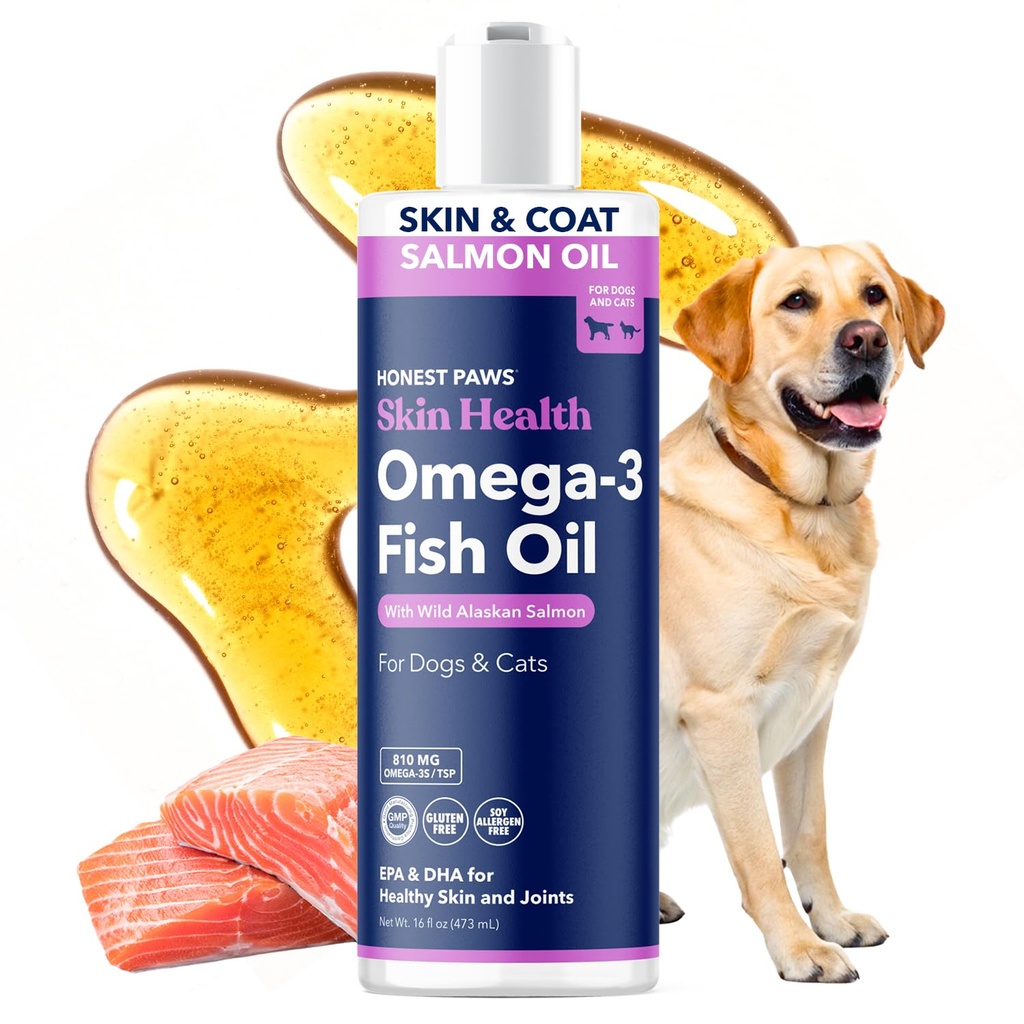 Honest Paws Wild Alaskan Salmon Oil for Dogs & Cats - 피부, 코트, 관절 및 심장 건강을위한 오메가 3 생선 오일 보충 - 자연적, 지속 가능한 Sourced, 16 oz