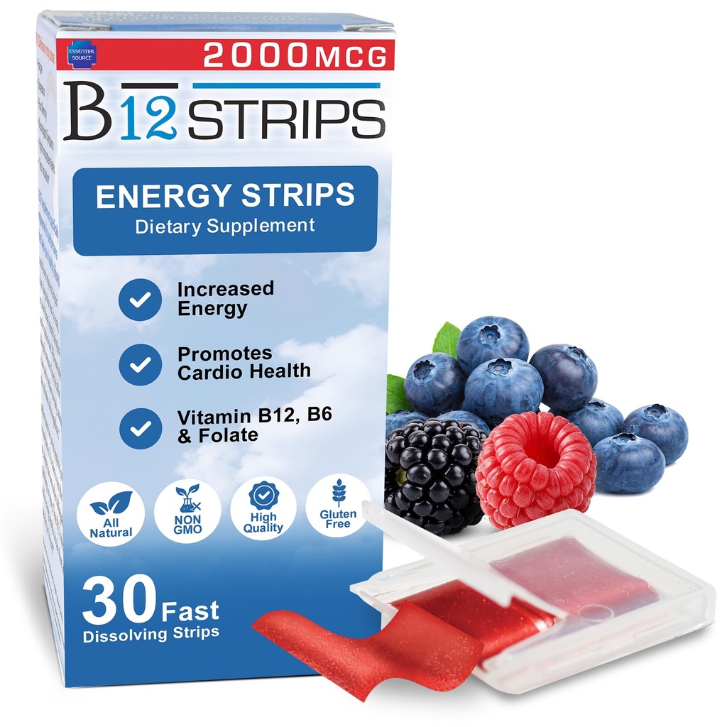 필수 소스 2,000 mcg Methylcobalamin 비타민 B12 하위 언어 에너지 지구 | Biotin, B6, 5-MTHF L-Methylfolate | 하위 언어 B12 비타민, Folate | 에너지, Nerve 기능 - 30 스트립