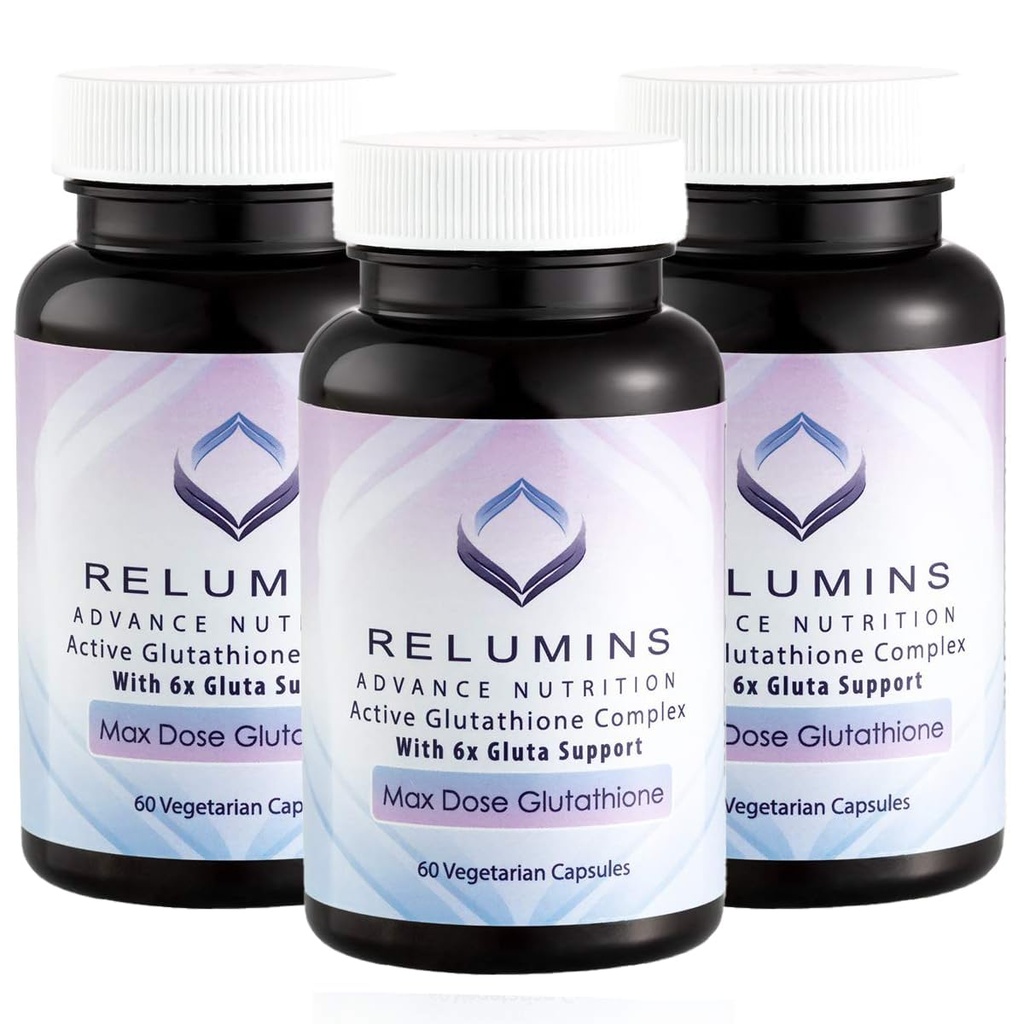 Relumins 진보적인 백색 활동적인 글루타티온 Complex - 6X 승압기, ALA & NAC를 가진 최대 복용량 900mg 글루타티온 - 노화 방지 피부 Brightening 보충교재 - 60의 모자 x 3 병