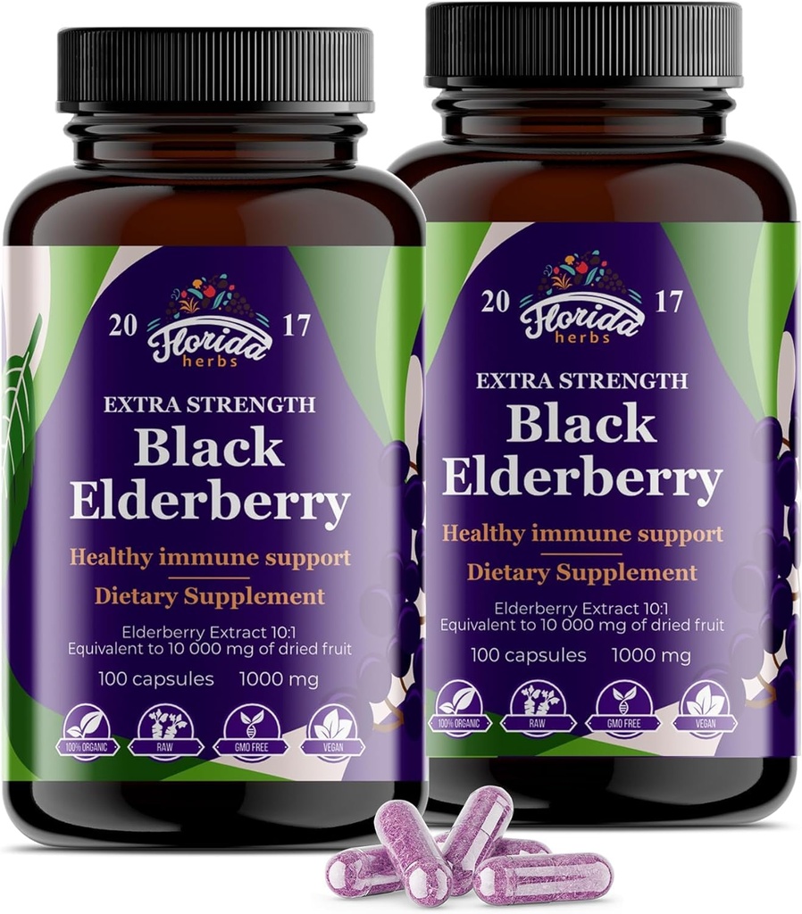 블랙 엘더베리 캡슐 | 200 개 - 10,000mg | Sambucus Elderberry Vitamins, Non-GMO, Gluten Free, Organic Elderberry Extract Sambucus Nigra - 200 채식 캡슐 - 2 팩