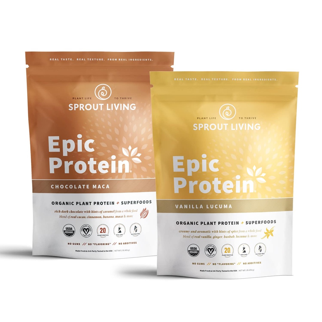 Sprout Living Epic Protein Bundle - 초콜릿 마카 & 바닐라 루쿠마 (20g 유기농 식물 기반 단백질 분말, 채식, 글루텐 무료, 슈퍼 푸드) | 1lb, 12 인분