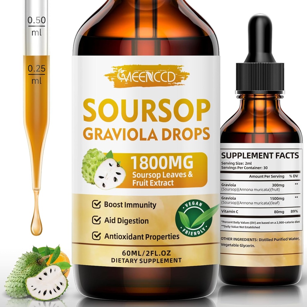 Soursop Graviola 액체 하락 1800mg의 자연적인 산화제, 세포 지원 & 재생, 면역 부스트, Soursop Bitters 액체, 설탕 자유로운, 비 GMO, 채식주의자, 오렌지 풍미, 2개의 FL OZ