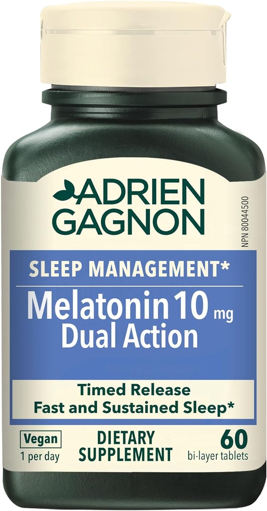 Adrien Gagnon - Melatonin 10mg, Deep Sleep 용 듀얼 액션 시간 릴리스 Melatonin, 성인 추가 강도를위한 자연 수면 보조, 60 Vegan Melatonin 빠른 용해 정제