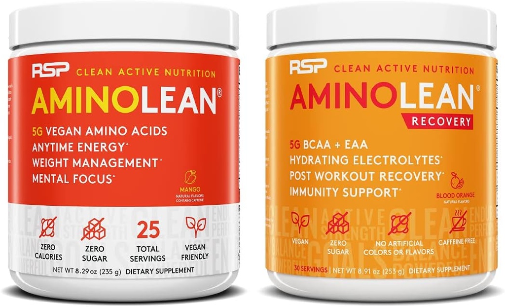 RSP NUTRITION Vegan AminoLean Pre Workout Energy (Mango 25 서빙) AminoLean Recovery Post Workout Boost (Blood Orange 30 서빙)