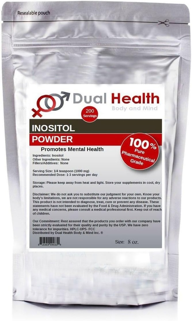 이중 건강 몸 & 마음 Inositol 분말 (8개 oz) 순수한 비타민 B8 산화 방지제 대량은 봉사 당 1000mg를 보충합니다