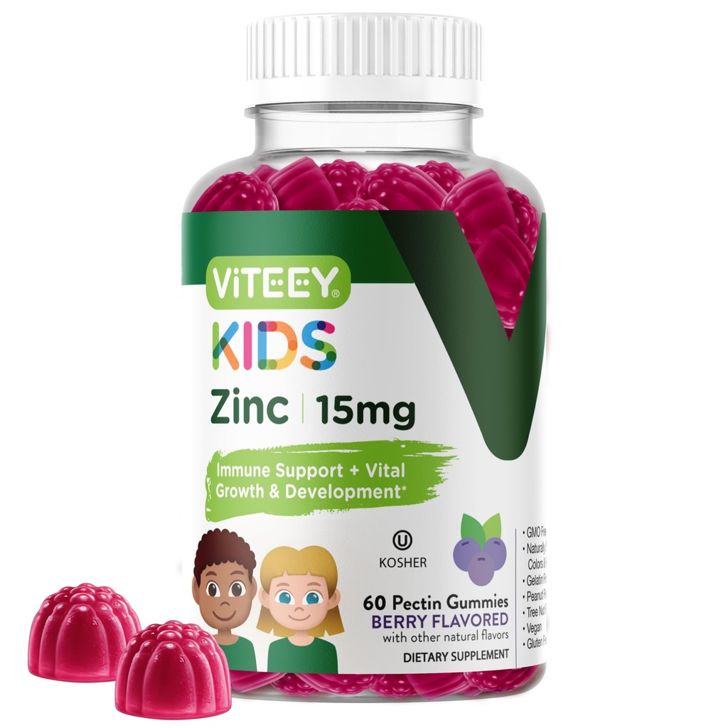아이 Gummies, 15mg - 면역 지원 - 강력한 천연 산화 방지제, 어린이 아연 비타민 보충 - Vegan, 젤라틴 무료, 글루텐 무료 - 맛있는 체리 맛 거미