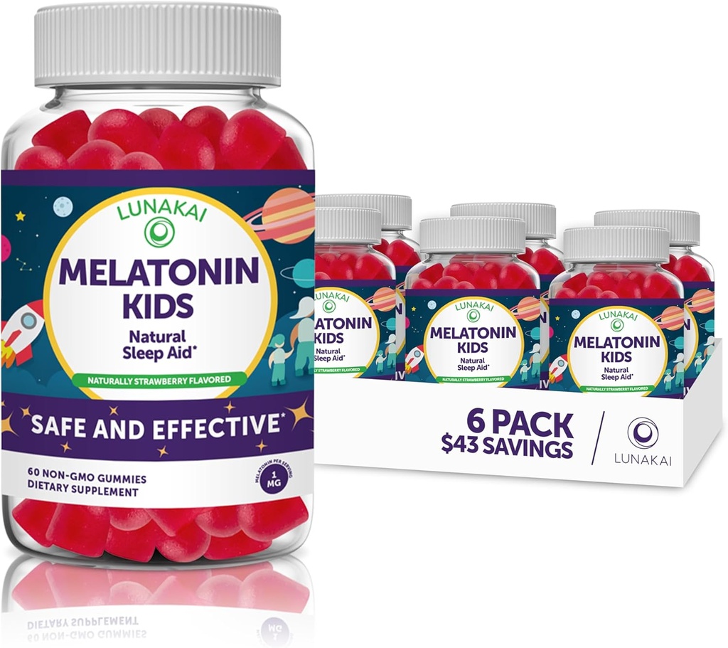 Lunakai Kids Melatonin Gummies 1mg - 가장 쉬운 번식 공식 - Non-GMO, Vegan, Gluten Free Chewable Low Dose Supplement for Kids - 아이들을위한 자연 수면 거미 2 세 + - (6 팩)