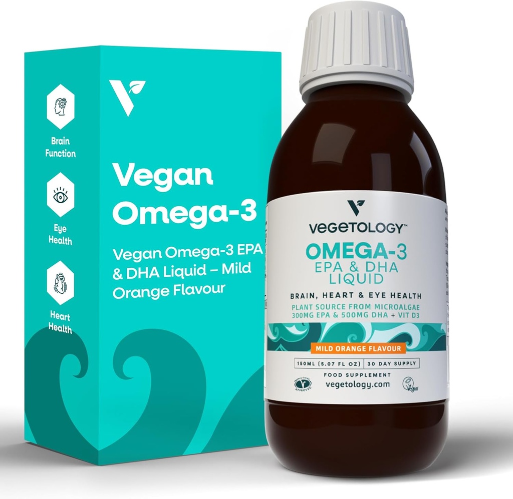 Vegan Omega 3 액체, Microalgae에서, 비타민 D3와 EPA DHA의 800mg, 지원 심장, 두뇌, 그리고 눈 건강, 자연적인 물고기 기름 대안, 영국 만드는, 온화한 오렌지 향기롭게 하는