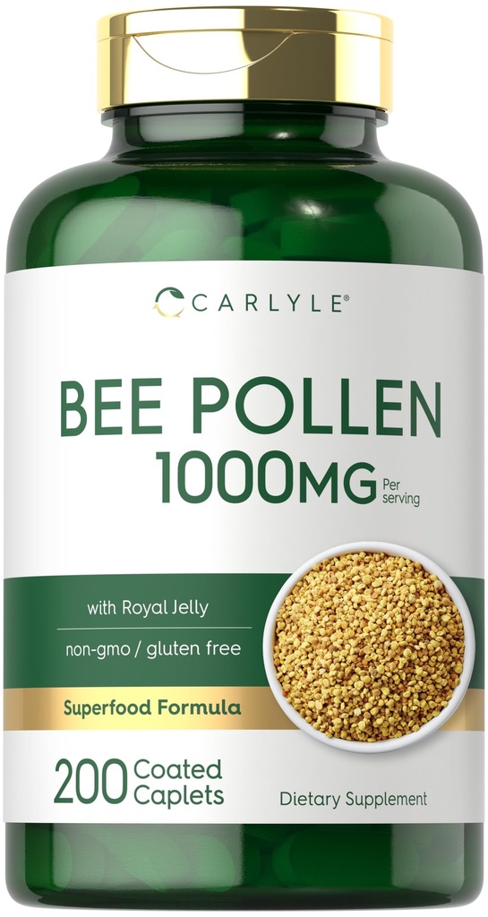Carlyle Bee Pollen Supplement | 1000mg | 200 Caplets | Royal Jelly and Bee Propolis | 남성 및 여성용| 채식주의, 비 GMO, 글루텐 프리